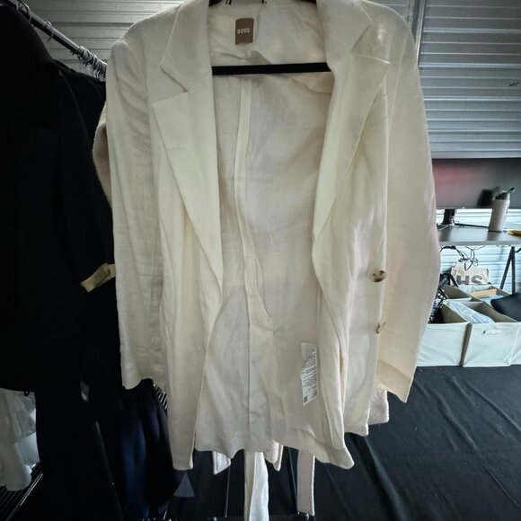 BOSS High Slit Linen Blazer Coat Cream - Picture 4 of 8